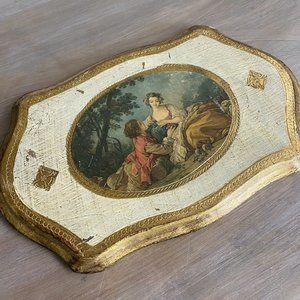 Italian Wooden Plaque with Victorian Scene Wall Decor Renaissance 9”x6”-A4